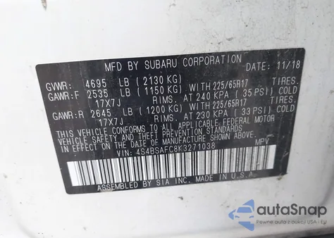 2019 Subaru Outback 2.5I Premium from USA, damaged, VIN 4S4BSAFC8K3271038